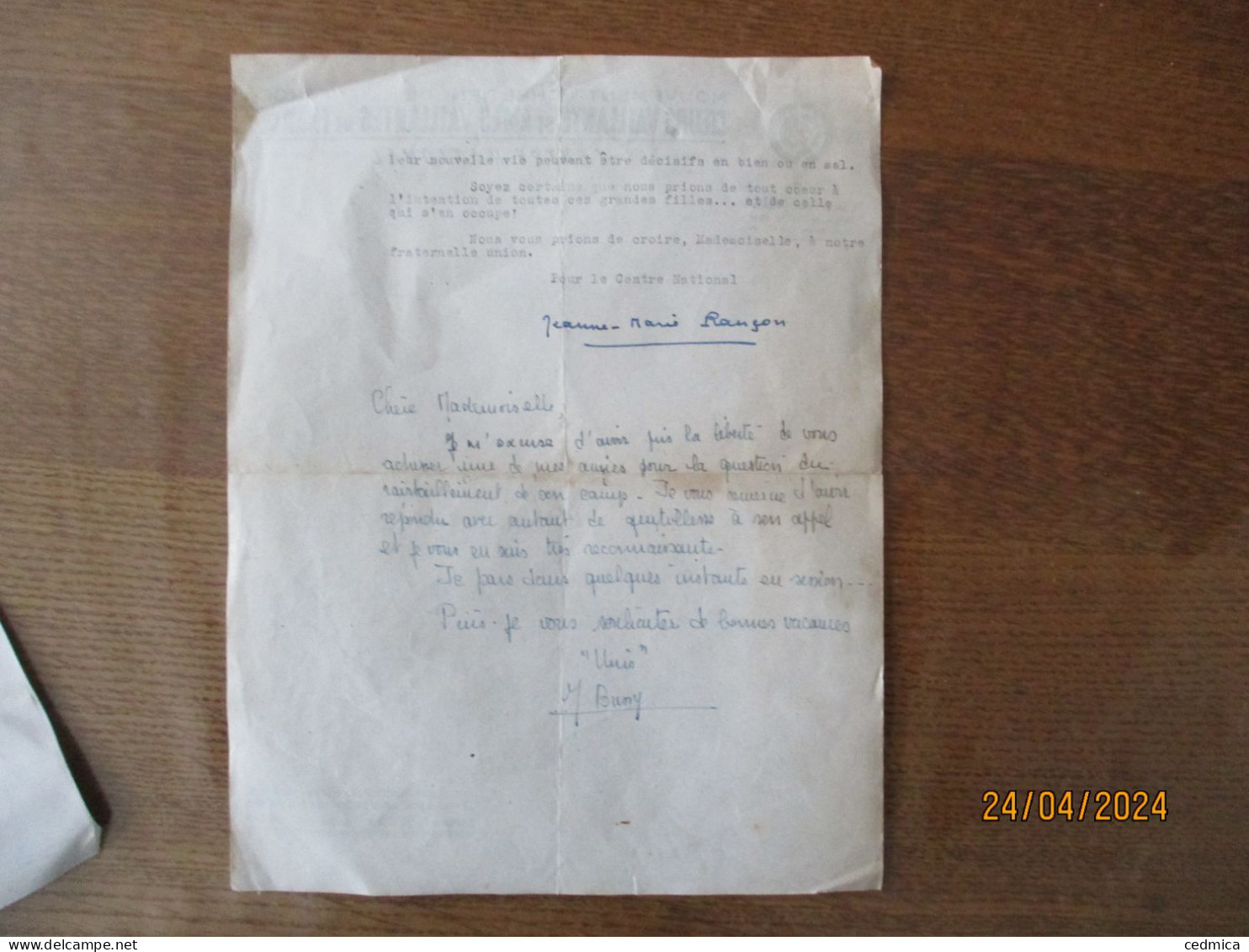 MOUVEMENT CHRETIEN DE L'ENFANCE COEURS VAILLANTS ET AMES VAILLANTES DE FRANCE COURRIER DU 11 JUILLET 1947 - Godsdienst & Esoterisme