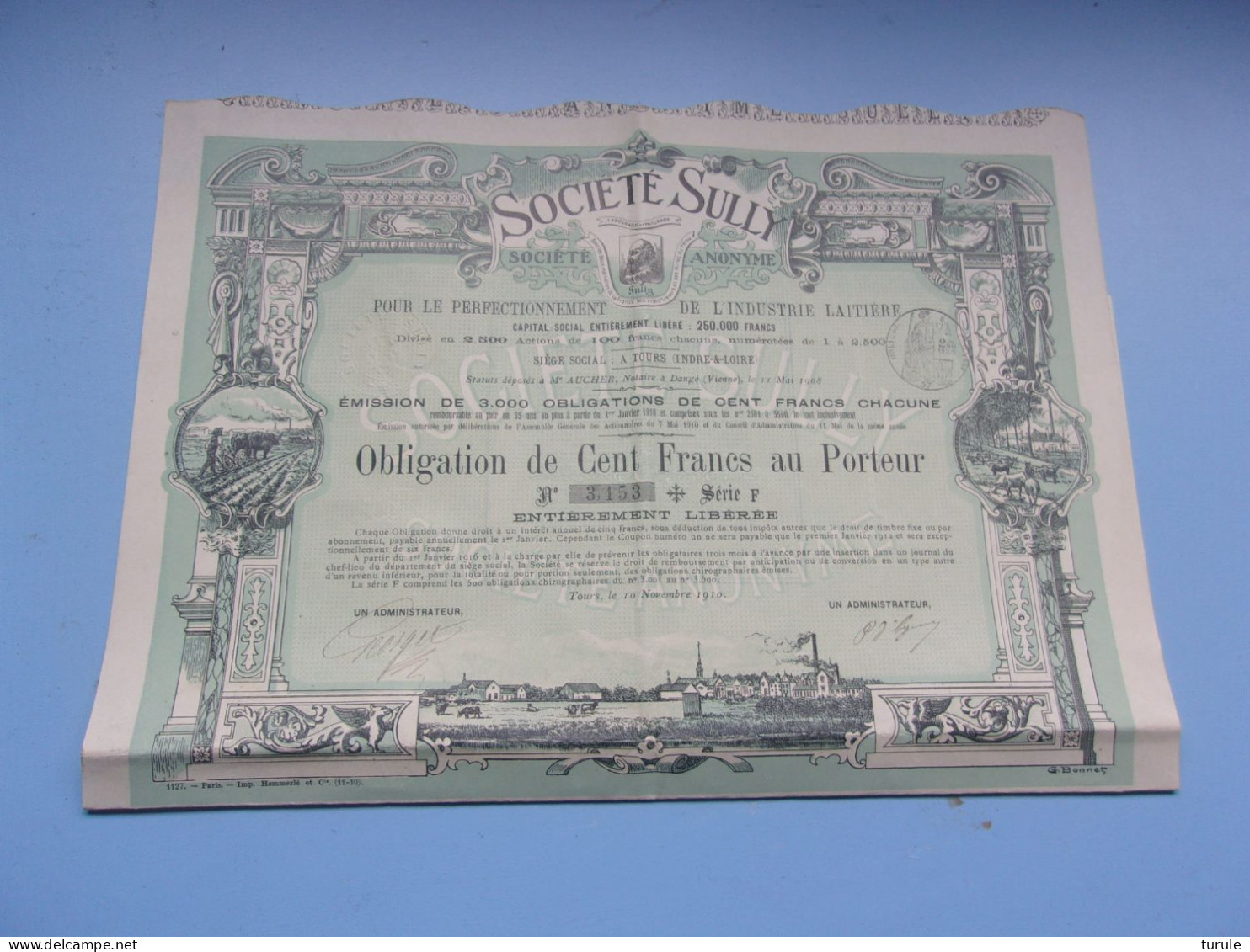 (déco) SULLY (obligation 1910,série F)  TOURS - Altri & Non Classificati