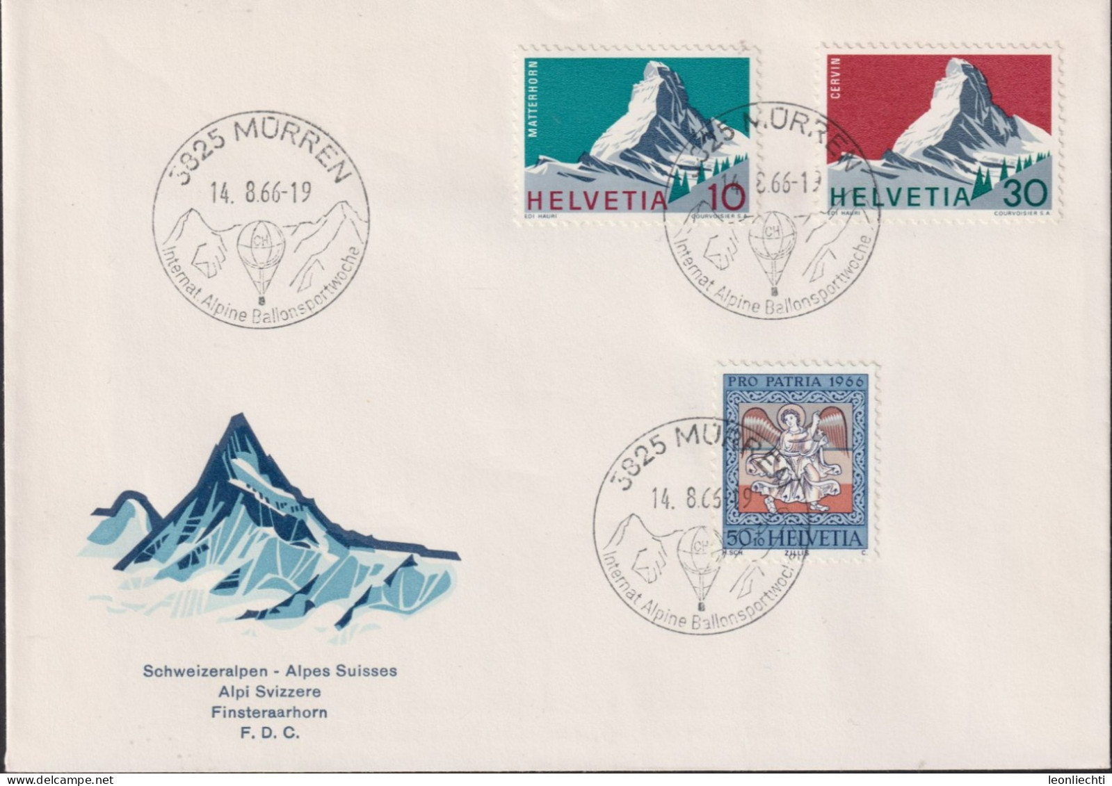 1966 Schweiz ° Zum:CH 433+B132,Mi:CH 820+840, Matterhorn U. Engel, Internationale Alpine Ballonsportwoche, Mürren - Luchtballons