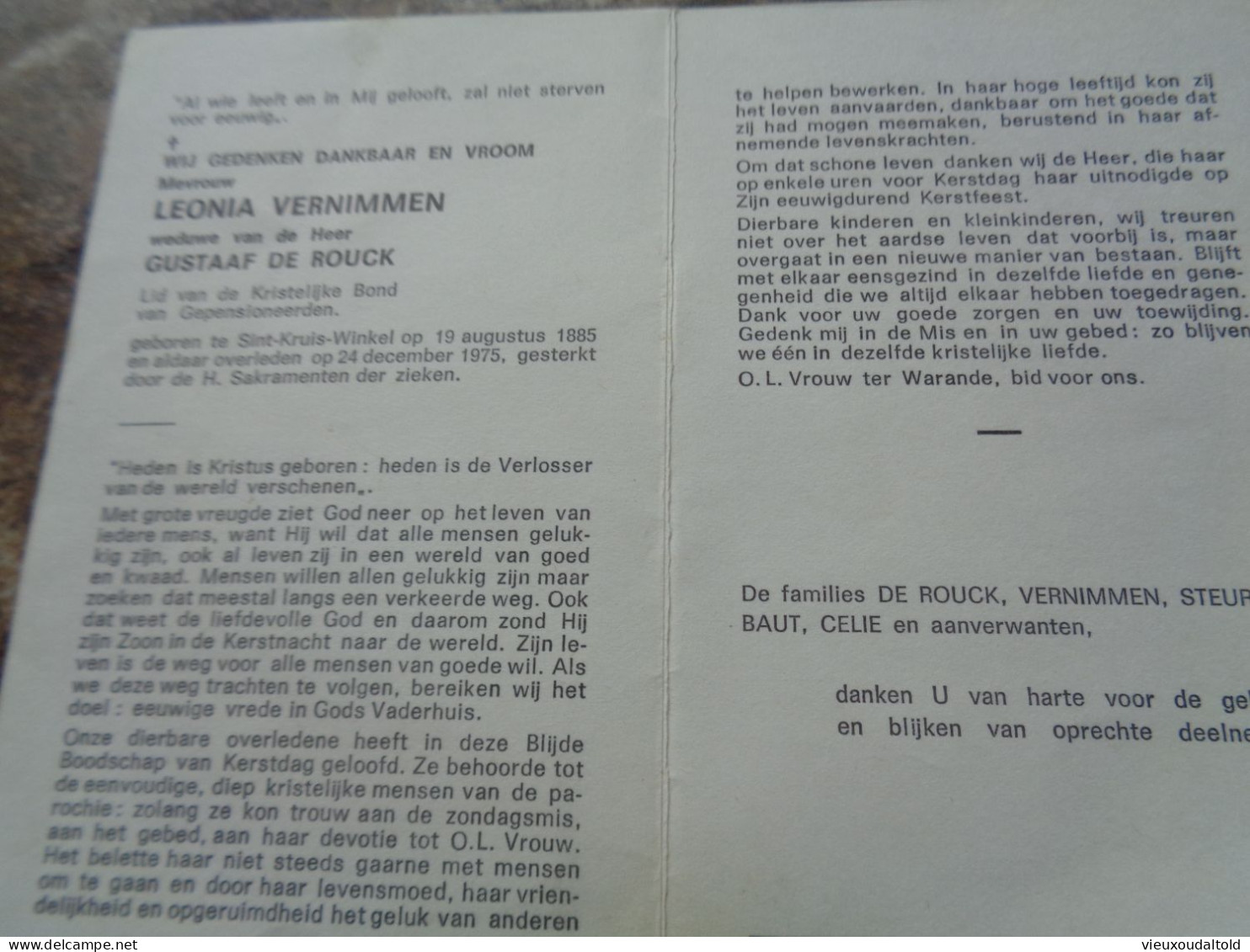 Doodsprentje/Bidprentje  LEONIA VERNIMMEN   St Kruis Winkel 1885-1975  (Wwe Gustaaf DE ROUCK) - Religion &  Esoterik