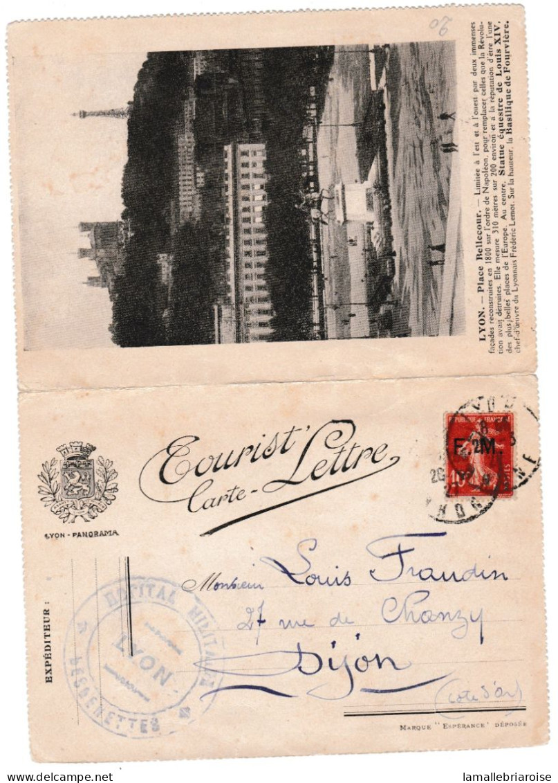 Hopital Militaire De Lyon, Tourist' Carte-Lettre, Timbre De Franchise Militaire - Covers & Documents