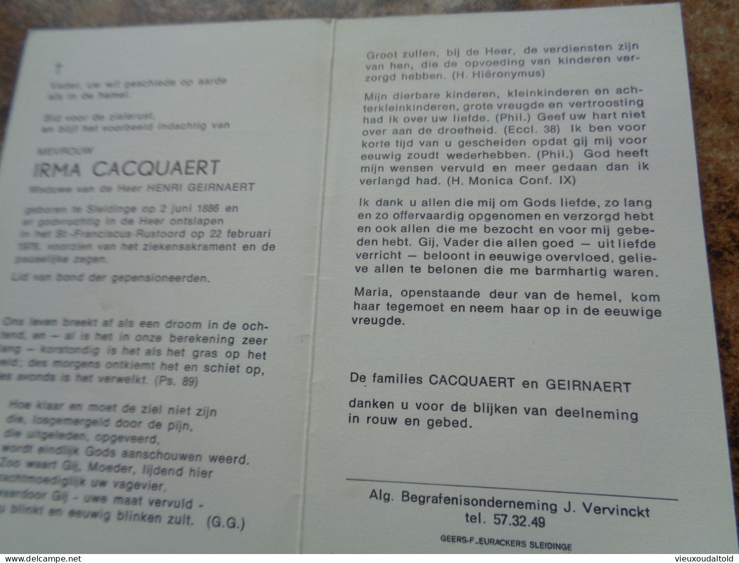 Doodsprentje/Bidprentje  IRMA CACQUAERT   Sleidinge 1886-1976  (Wwe Henri GEIRNAERT) - Religion & Esotericism