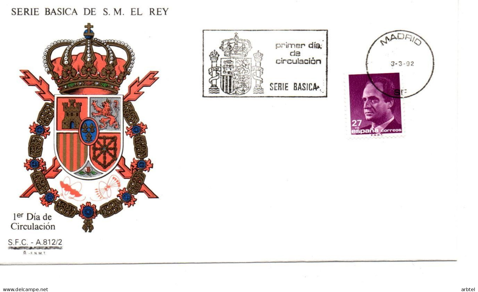 ESPAÑA SPAIN SPD FDC 1992 BASICA DE JUAN CARLOS I - Lettres & Documents