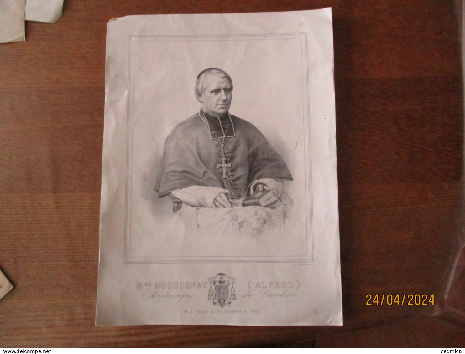 Mgr DUQUESNAY (ALFRED) ARCHEVÊQUE DE CAMBRAI NE A ROUEN LE 23 SEPTEMBRE 1814 LITH.J.RENANT CAMBRAI 36cm/26cm - Religione & Esoterismo