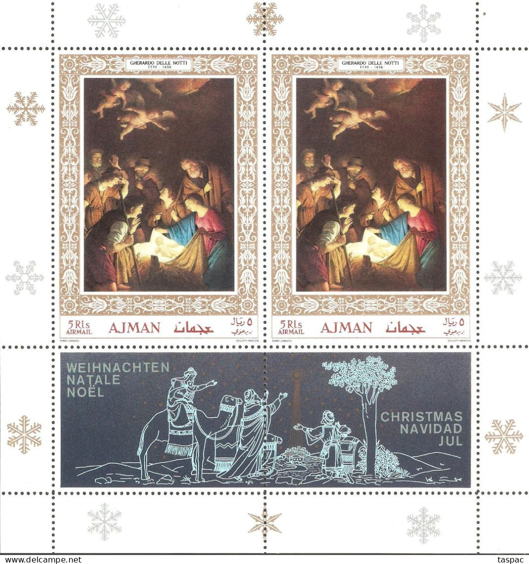 Ajman 1968 Mi# Block B 76 A ** MNH - 2 S/s: With And Without Text On Label - Christmas / Paintings - Adschman