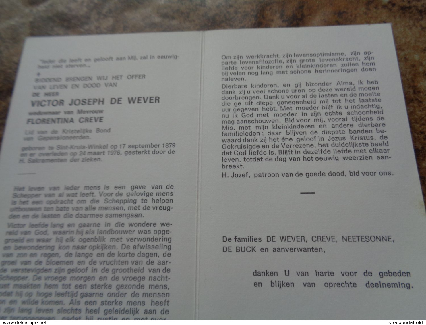 Doodsprentje/Bidprentje  VICTOR JOSEPH DE WEVER   St Kruis Winkel 1879-1976  (Wdr FLORENTINA CREVE) - Godsdienst & Esoterisme