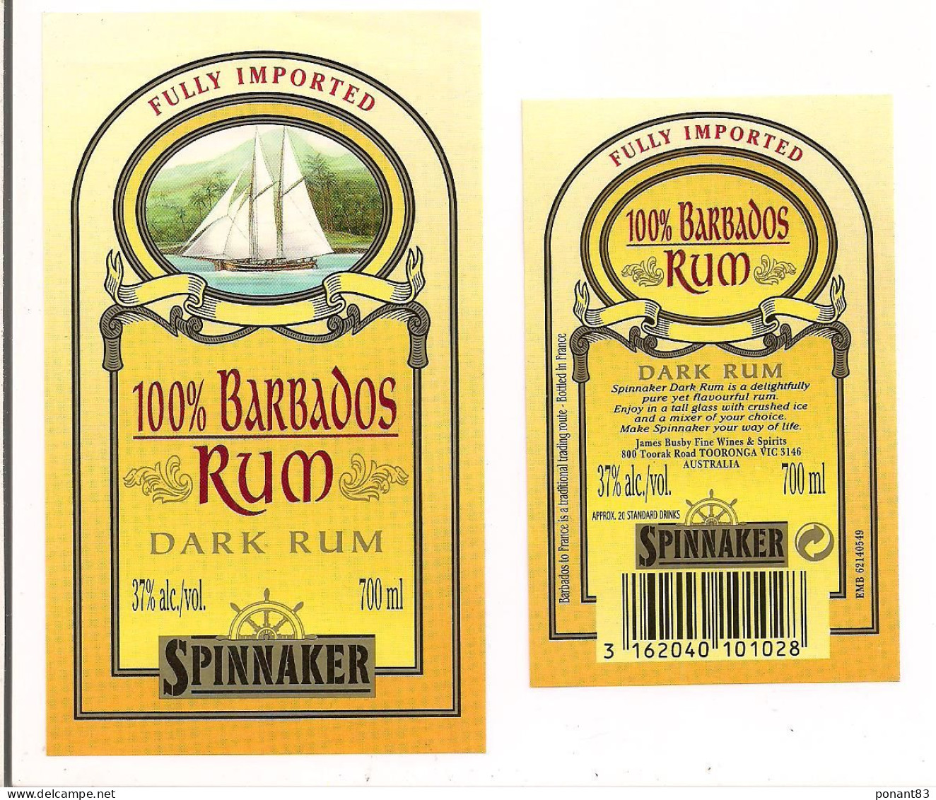 Etiquette Rhum - 100% Barbados Rum - Dark Rum - Spinnaker - 700ml 37% - James Busby, Tooronga, Australia - - Rhum