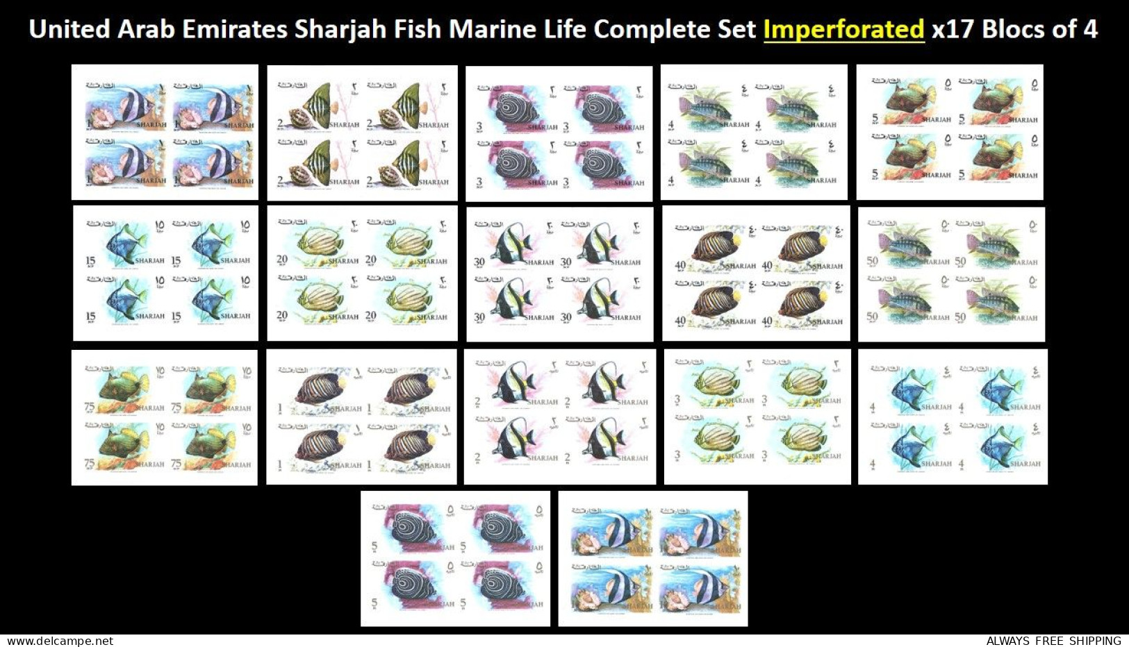 1966 UAE United Arab Emirates Fish Coral Seashell Marine Life - Complete Set 17 Imperforated Blocs Proofs Essays MNH - Poissons