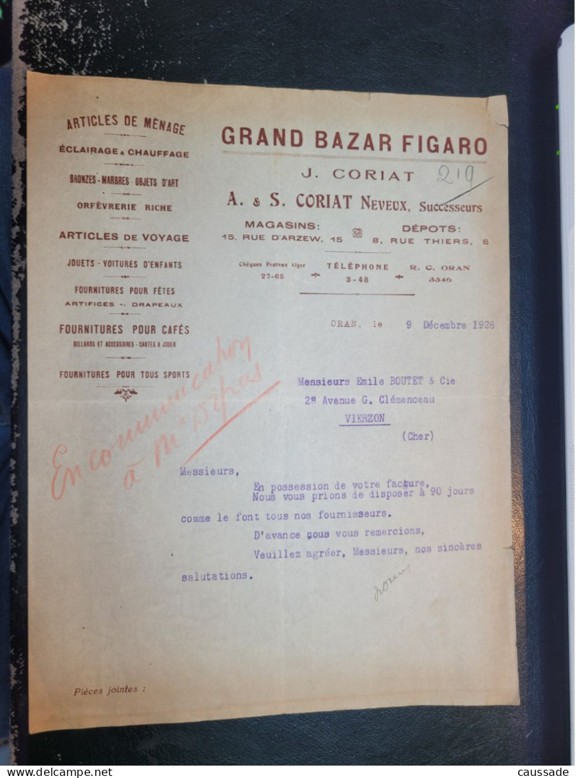 ORAN - J. CORIAT - GRAND BAZAR FIGARO - 15 Rue D'Arzew & 8 Rue De Thiers - 1926 - Oran
