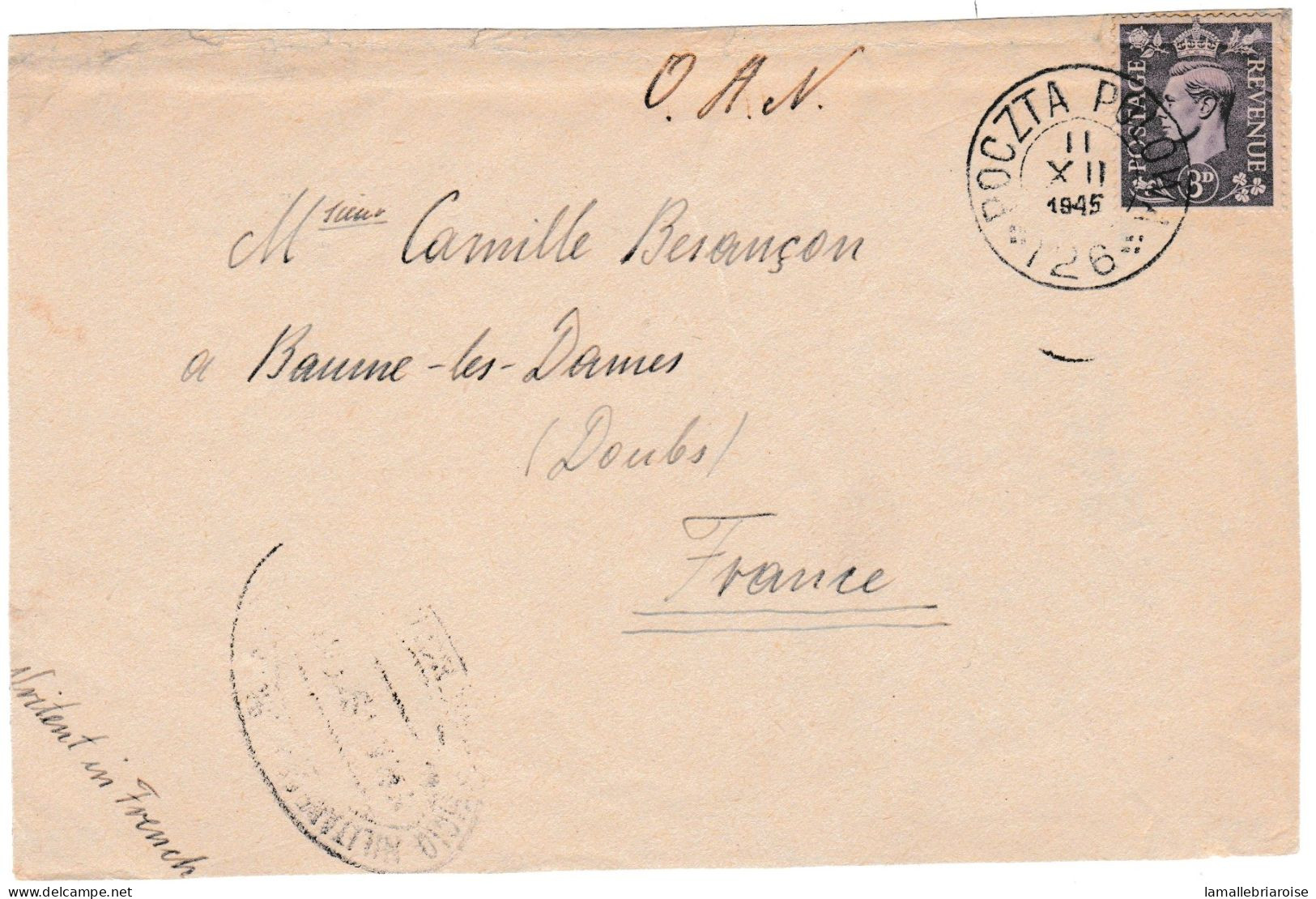 Devant De Lettre ( Front Of Cover), Timbre Anglais Avec Oblitération Militaire Polonaise, X II 1945 - Storia Postale