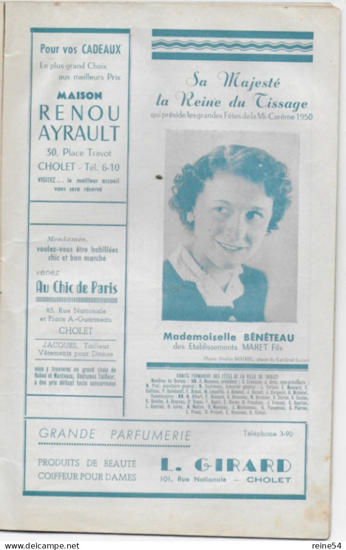 MI-CAREME 1950 Comité Des Fêtes De La Ville De CHOLET 49 Programme Officiel Edit.Bouchaud (photos-Encarts Publicitaires) - Pays De Loire