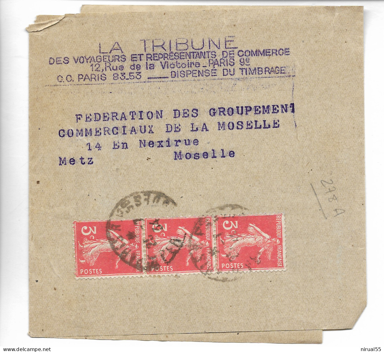 SEMEUSE Tarif Journaux Bande De 3 Semeuse 3c N° 278A Yvert Sur Bande Journal La Tribune 1934    ....G - Journaux