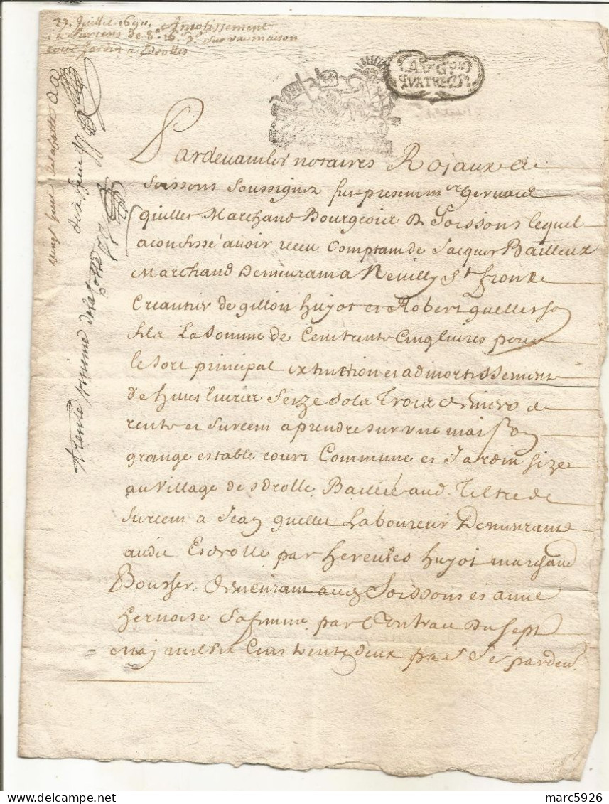 N°1980 ANCIENNE LETTRE PAR DEVANT LES NOTAIRES ROYAUX A DECHIFFRER DATE 1694 - Documenti Storici