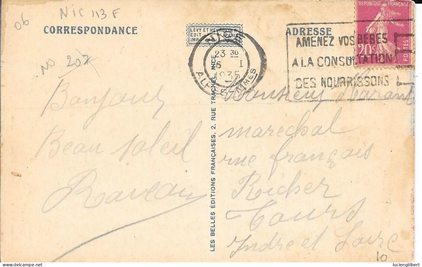 ALPES MARITIMES 06 -   NICE  - FLAMME N° NIC 113 F  FD-  AMENEZ VOS BEBES A LA CONSULTATION DES NOURRISSONS  - 1935 - - Mechanical Postmarks (Advertisement)