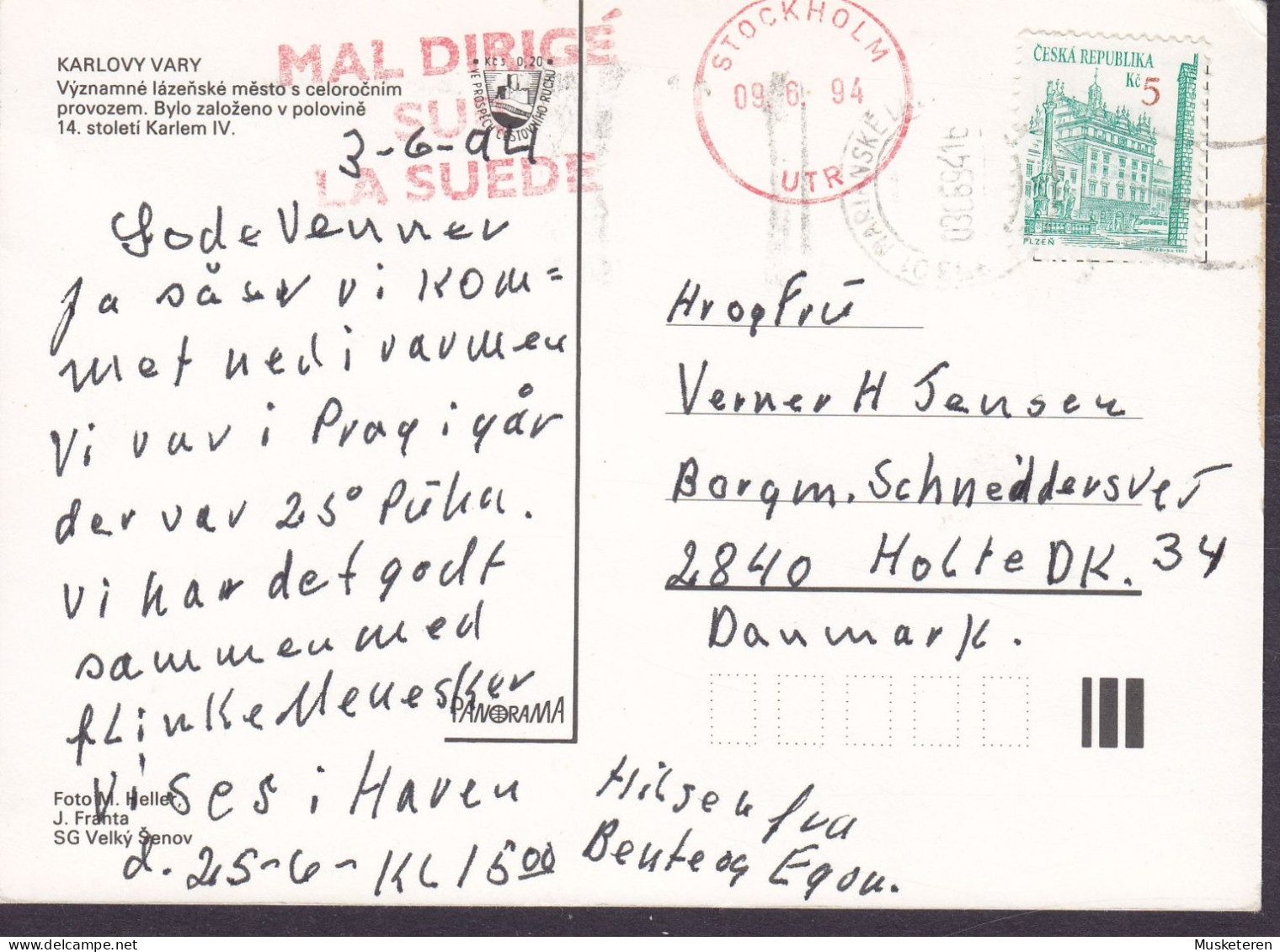 Czech Republic PPC Karlovy Vary MARIANSKE LAZNE 1994 MAL DIRIGÉ SUR LA SUEDE Stockholm To HOLTE Denmark (2 Scans) - Cartas & Documentos
