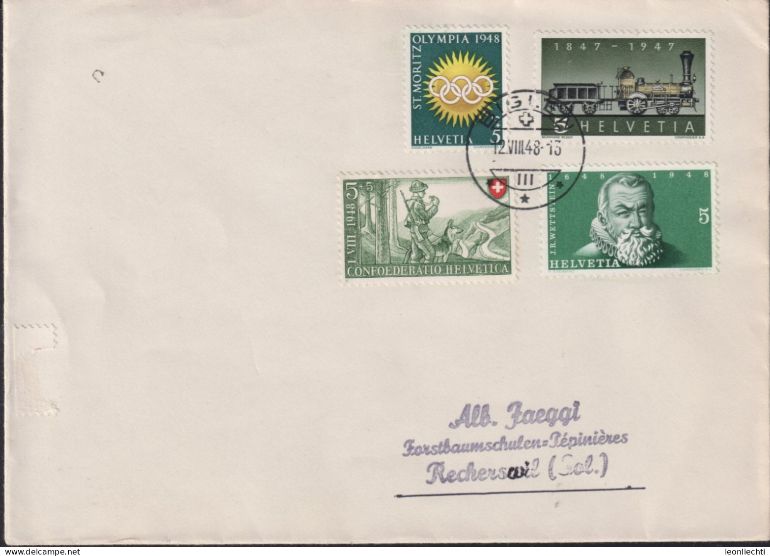 1948 Schweiz Brief, Mischfrankatur Zum:CH 277+281+B38+W25w, Mi:CH 484+496+508+492x - Storia Postale