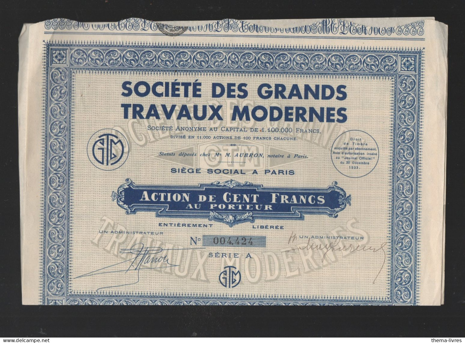 Paris: Action De 100f     SOCIETE DES GRANDS TRAVAUX MODERNES 1932    (CAT7166) - Altri & Non Classificati