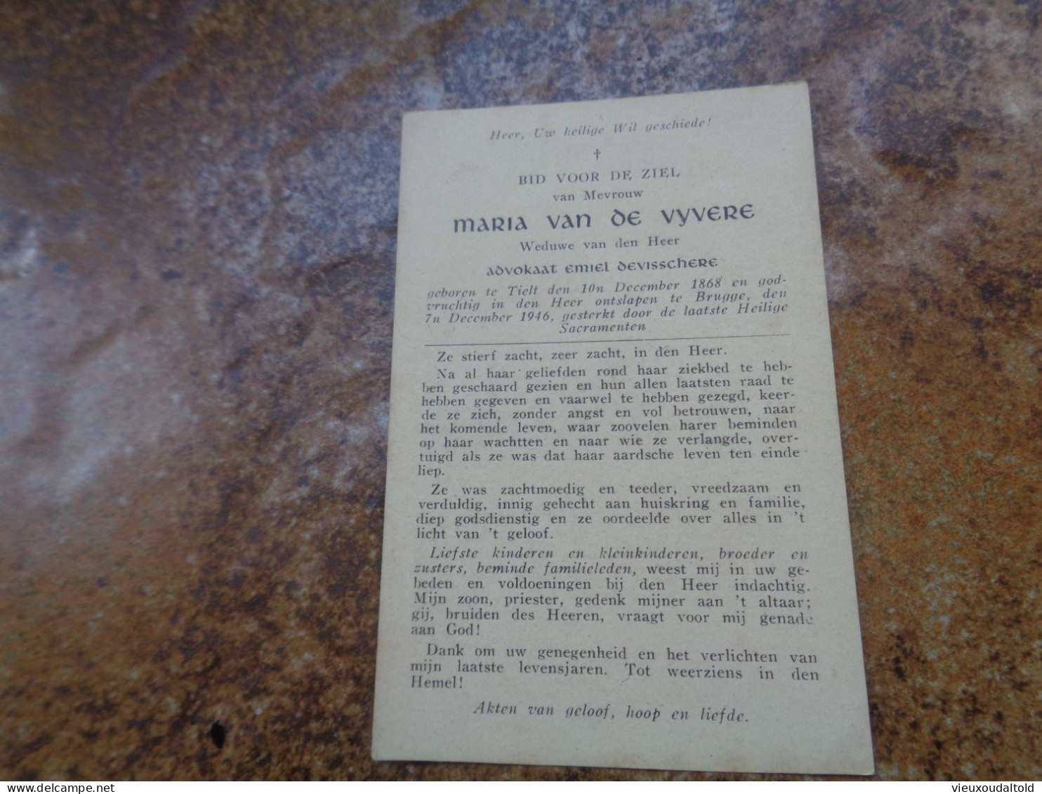 Doodsprentje/Bidprentje  Maria Van De Vyvere  Tielt 1868-1946 Brugge (Wwe Advokaat Emiel Devisschere) - Religión & Esoterismo