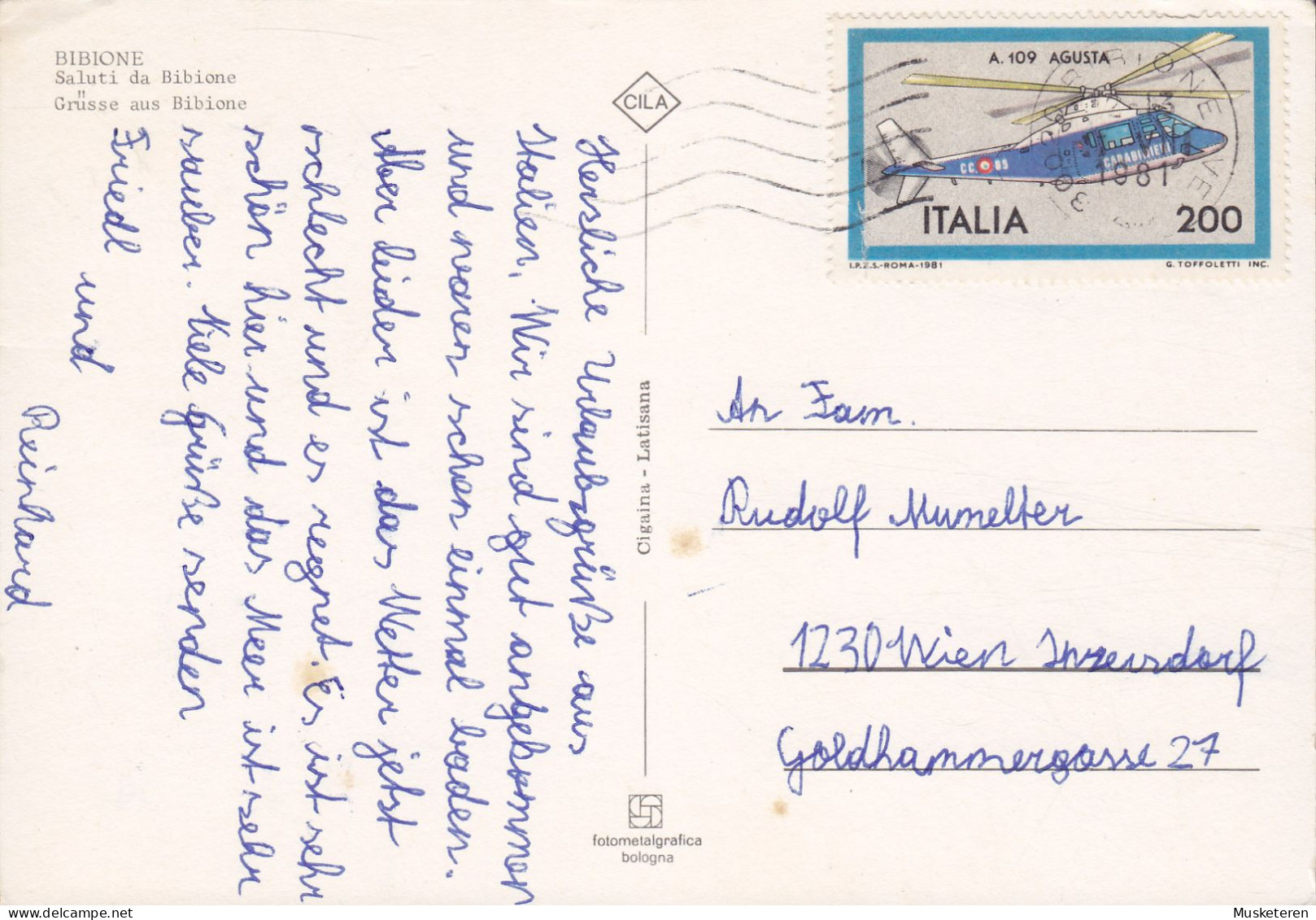 Italy PPC Saluti Da Grüsse Aus Bibione BIBIONE 1981 WIEN Austria Helicopter Hubschreiber Helo Stamp (2 Scans) - Venezia (Venedig)