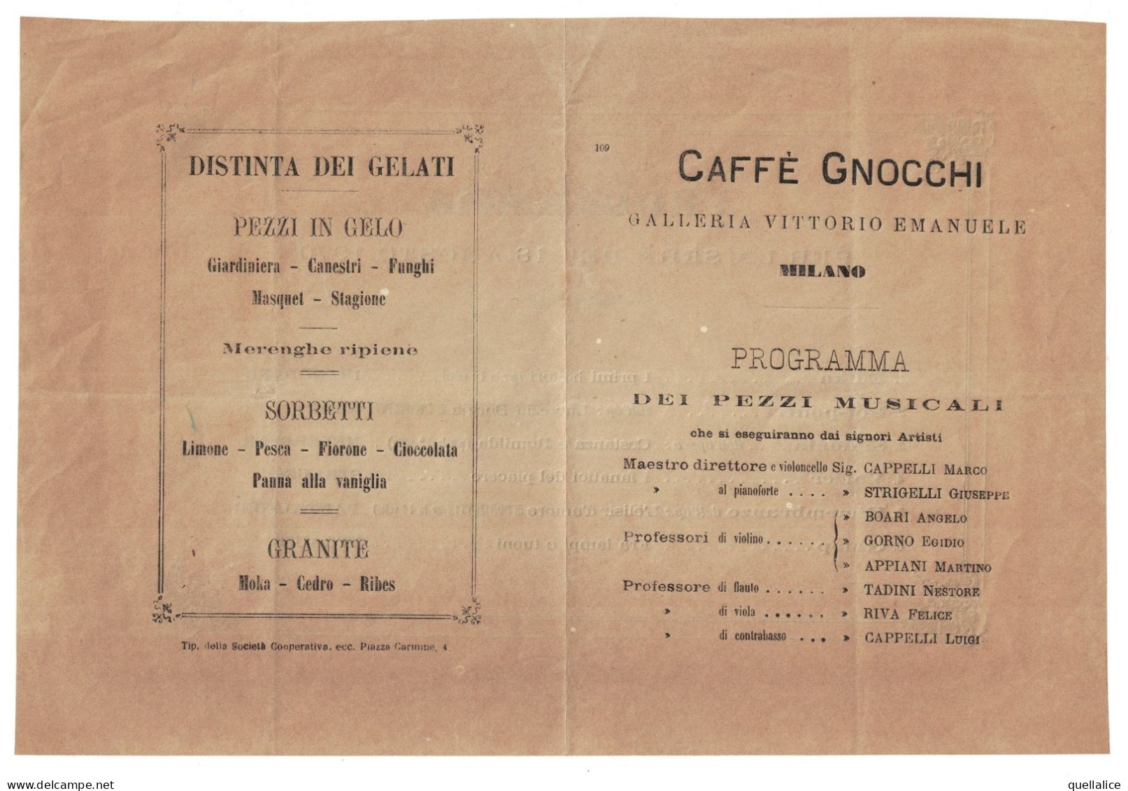 03911 "MILANO - CAFFE' GNOCCHI - GALLERIA VITTORIO E. - PROGRAMMA DEI PEZZI MUSICALI DEL 18/08/1870" ORIG. NOTIZIE - Programs