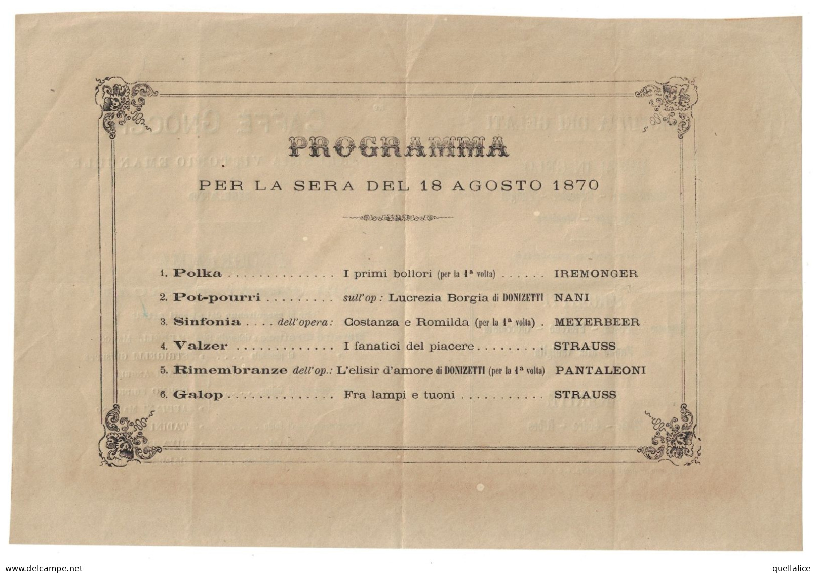 03911 "MILANO - CAFFE' GNOCCHI - GALLERIA VITTORIO E. - PROGRAMMA DEI PEZZI MUSICALI DEL 18/08/1870" ORIG. NOTIZIE - Programme