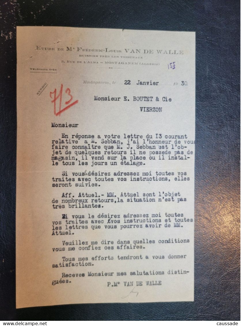 MOSTAGANEM - Etude De Me Frédéric-Louis VAN DE WALLA - 3 Rue De L'Alma - Huissier - 1930 - Mostaganem