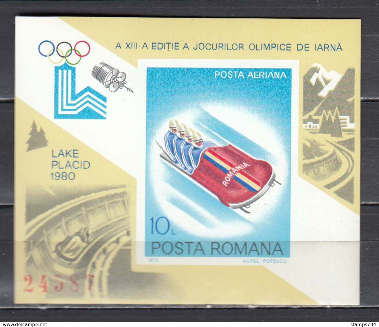 Romania 1979 - Winter Olympic Games, Lake Placid: Bob, Mi-Nr. Block 165, Imperforated, MNH** - Neufs