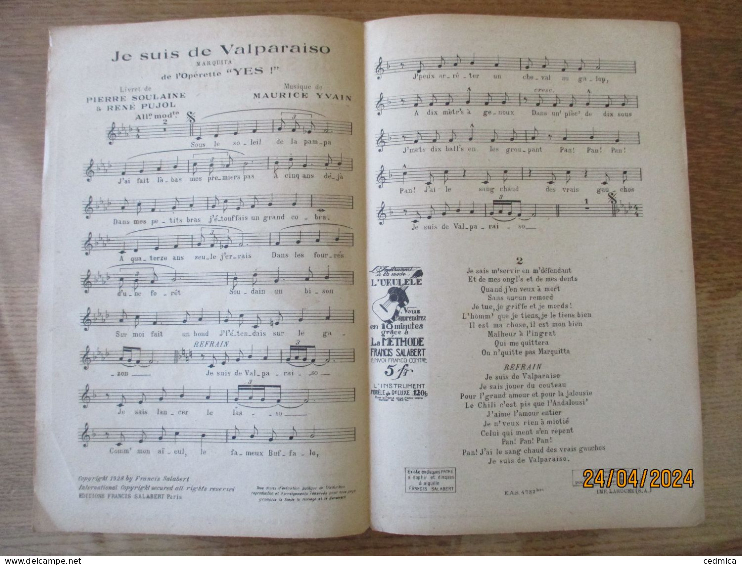 JE SUIS DE VALPARAISO LIVRET DE PIERRE SOULAINE & RENE PUJOL MUSIQUE DE MAURICE YVAIN - Partitions Musicales Anciennes