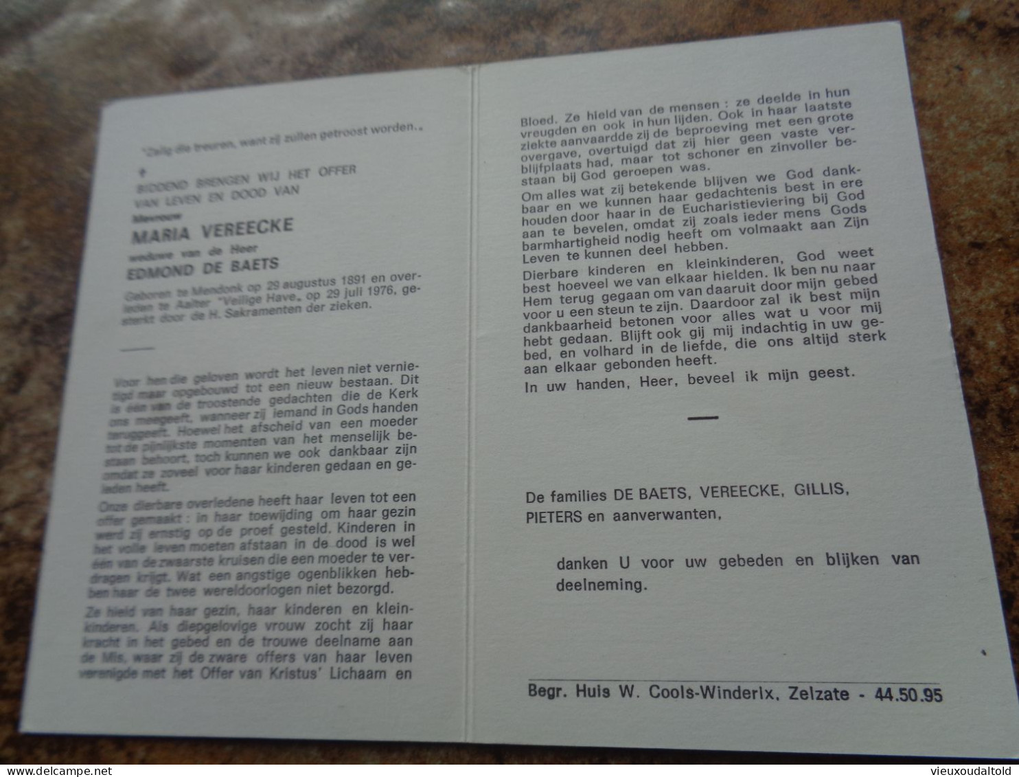 Doodsprentje/Bidprentje   MARIA VEREECKE   Mendonk 1891-1976 Aalter  (Wwe Edmond DE BAETS) - Religion &  Esoterik