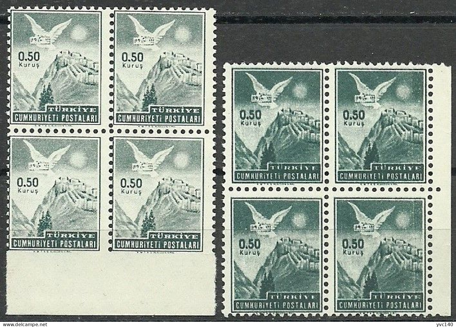 Turkey; 1952 Postage Stamp ERROR "Imperf. Edge/Color Tone Variety & Small Moon" 2 Blocks Of 4 - Ongebruikt