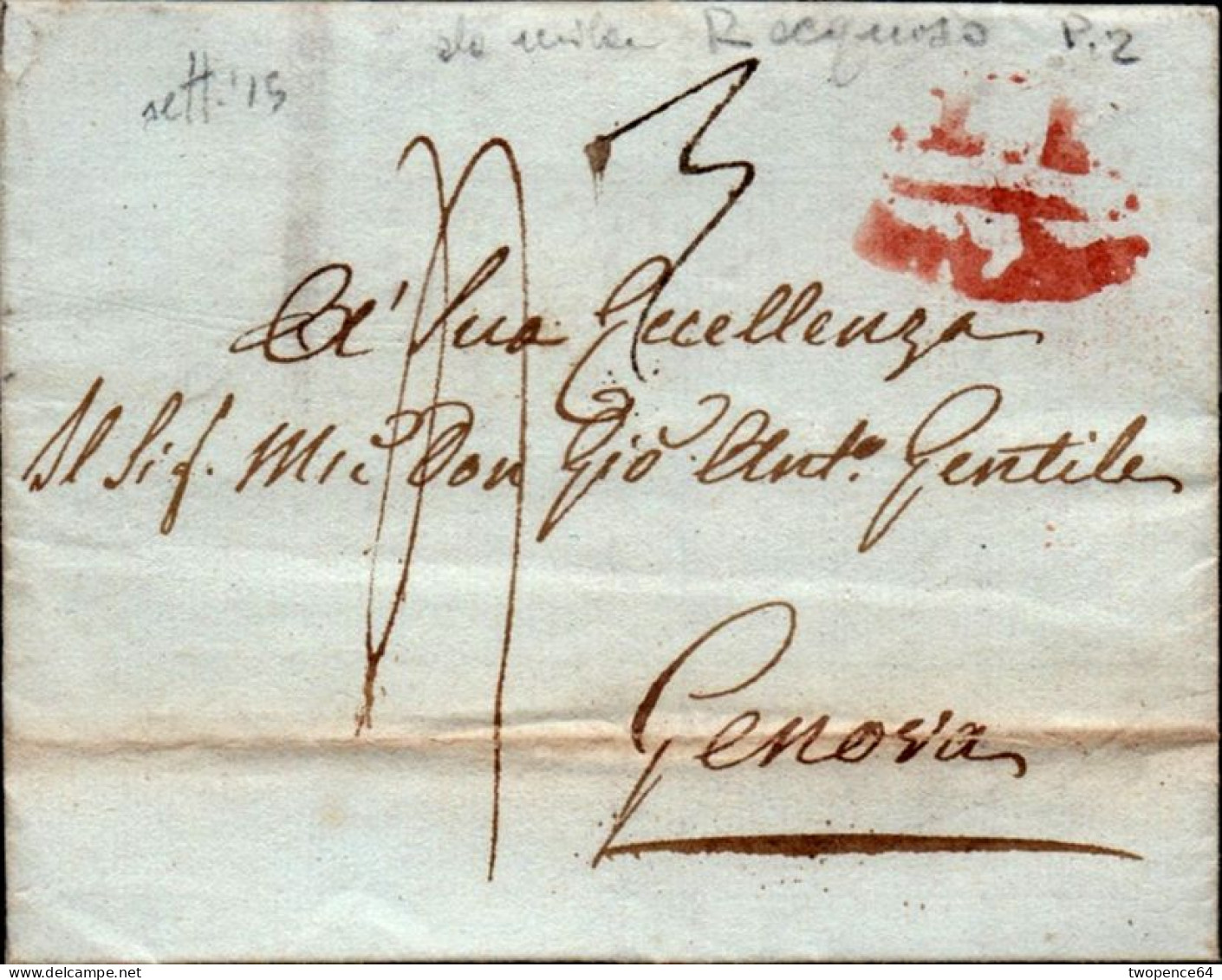 B25x - LETTERA PREFILATELICA DA MILANO A GENOVA 1815 - 1. ...-1850 Vorphilatelie