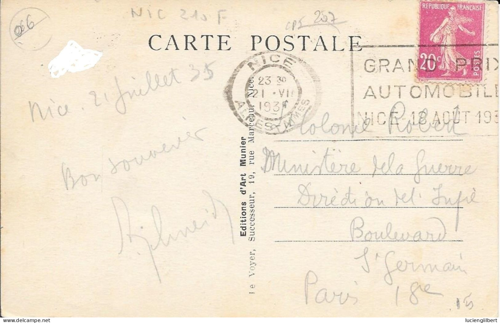 ALPES MARITIMES 06 -   NICE  - FLAMME N° NIC 210 S  FD-  GRAND PRIX AUTOMOBILE NICE 18 AOUT 1935 - BELLE FRAPPE - Mechanical Postmarks (Advertisement)