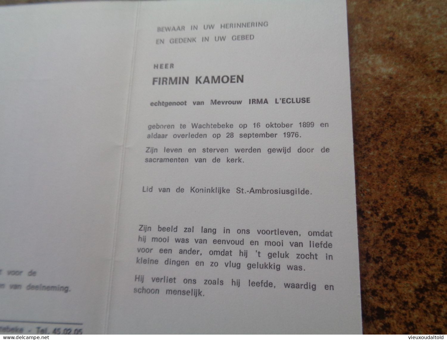 Doodsprentje/Bidprentje   FIRMIN KAMOEN   Wachtebeke 1899-1976  (Echtg Irma L'ECLUSE) - Godsdienst & Esoterisme