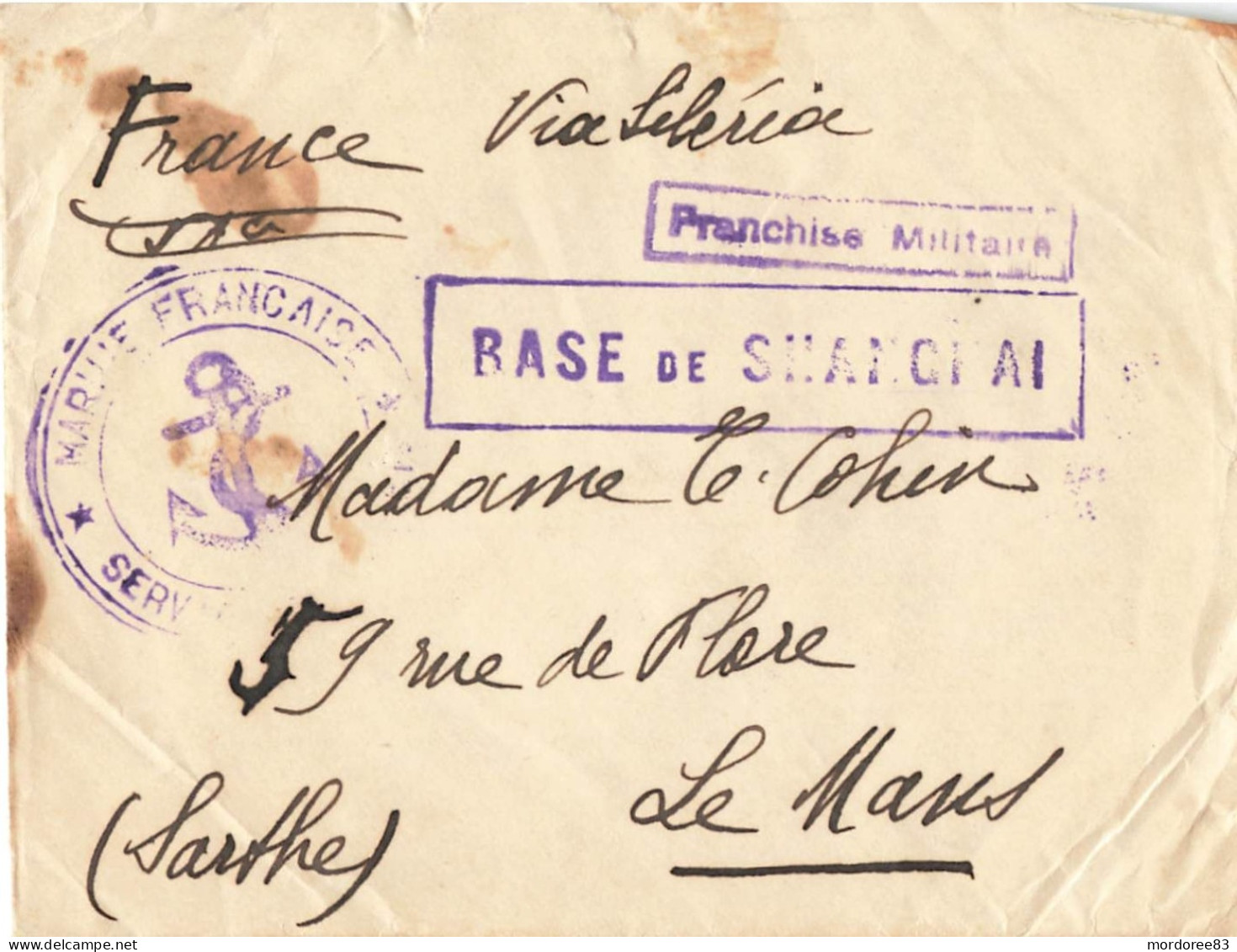 LETTRE FM MARINE FRANCAISE BASE DE SHANGHAI VIA SIBERIA POUR LE MANS SARTHE - Poste Navale