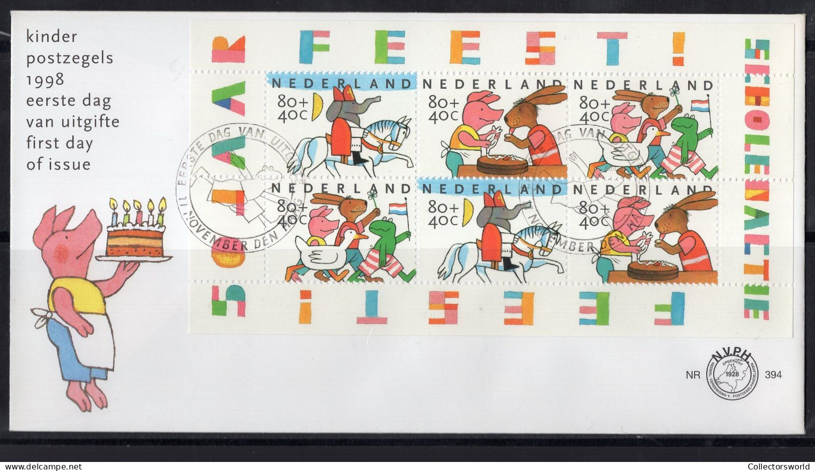 Netherlands FDC 1998 / 394 Sheet Child Welfare Drawings Pig Elephant Frog Duck Horse Hare - FDC