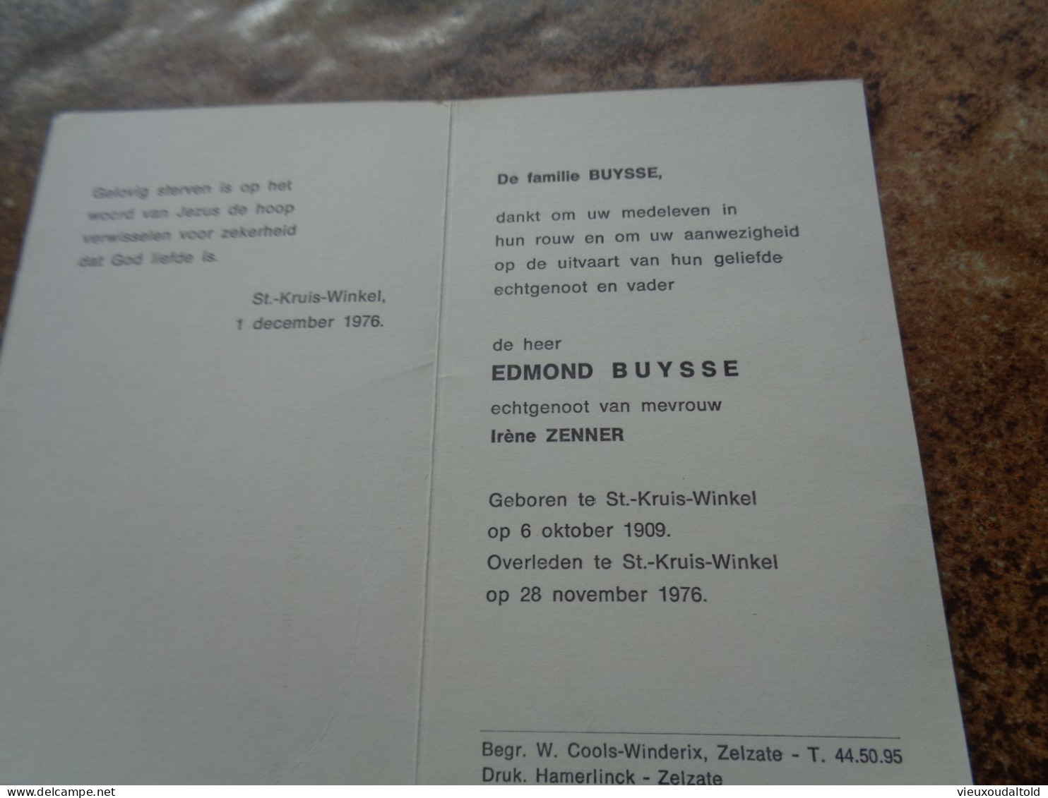 Doodsprentje/Bidprentje  EDMOND BUYSSE  St Kruis Winkel 1909-1976  (Echtg Irène ZENNER) - Religión & Esoterismo