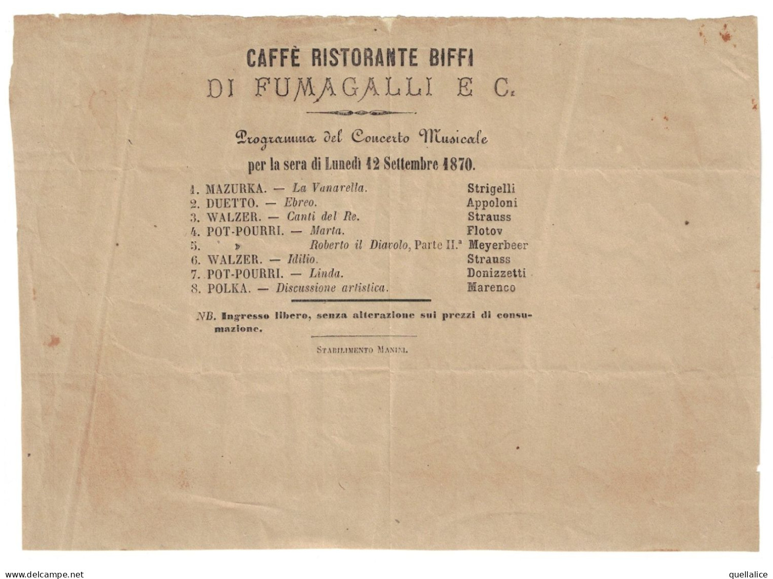 03912 "MILANO - CAFFE' RISTORANTE BIFFI DI FUMAGALLI E C. - PROGRAMMA CONCERTO MUSICALE 12 SETTEMBRE 1870" ORIG. NOTIZIE - Programme