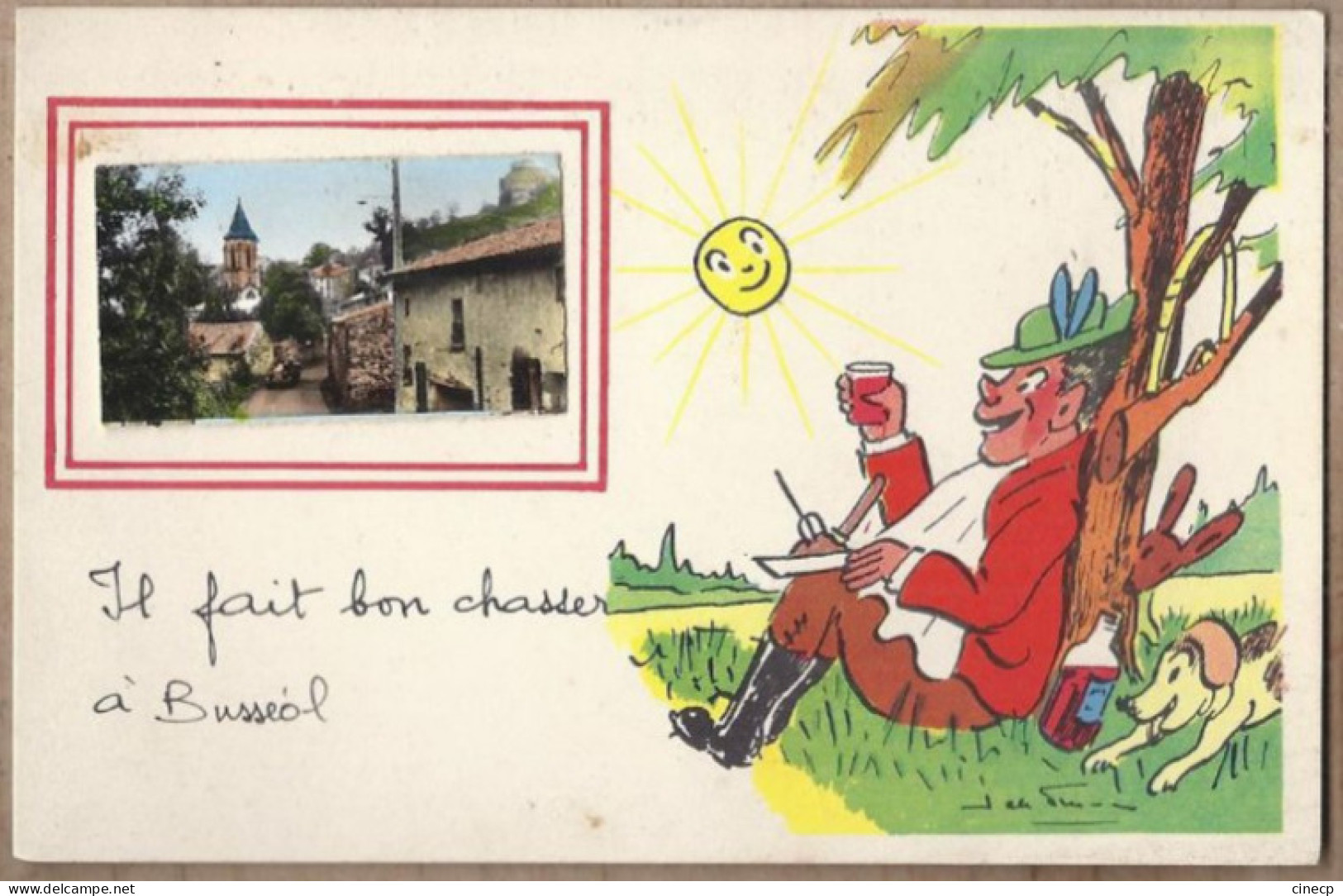 CPSM 63 - BUSSEOL - Busséol - TB CP 2 Vues Dont Dessin Chasseur + Photographie Centre Village à Gauche - Sonstige & Ohne Zuordnung