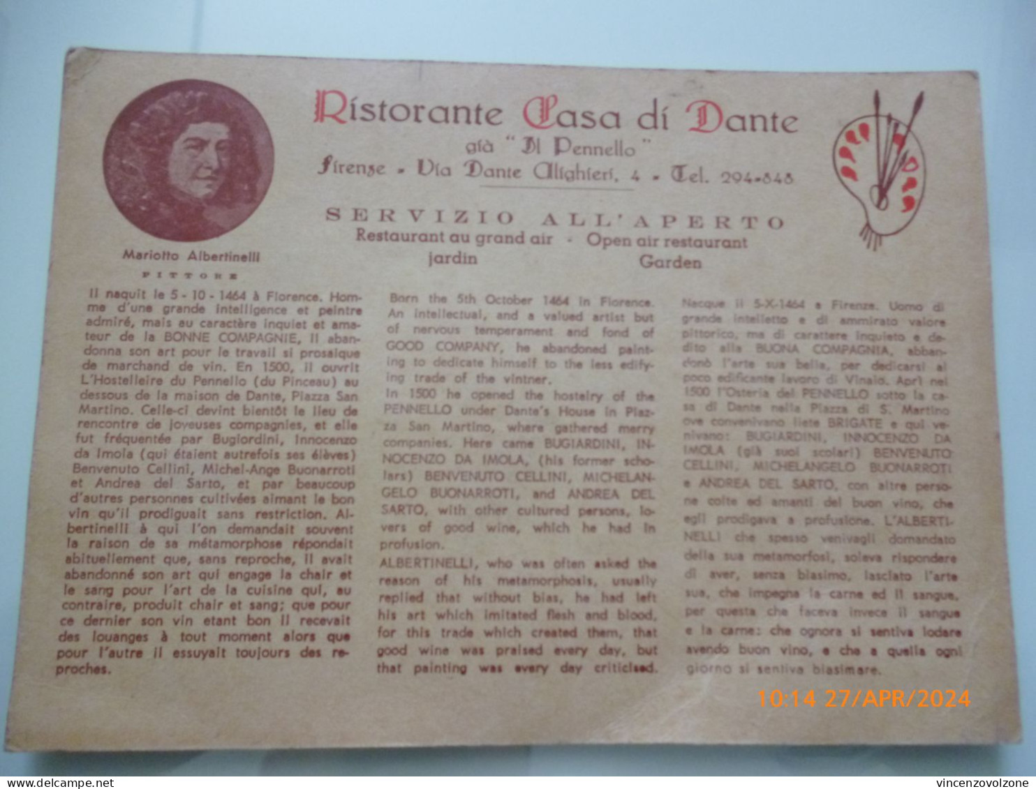 Cartoncino Pubblicitario "Ristorante Casa Di Dante - Firenze" - Advertising