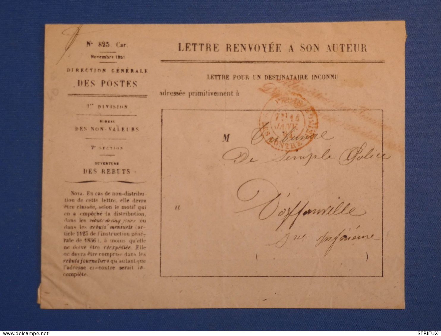 DN12 FRANCE  LETTRE RR 1861 MINISTERES FINANCES   RENVOI DE LETTRE  DOFFONVILLE    +AFF. INTERESSANT++ - 1849-1876: Periodo Clásico