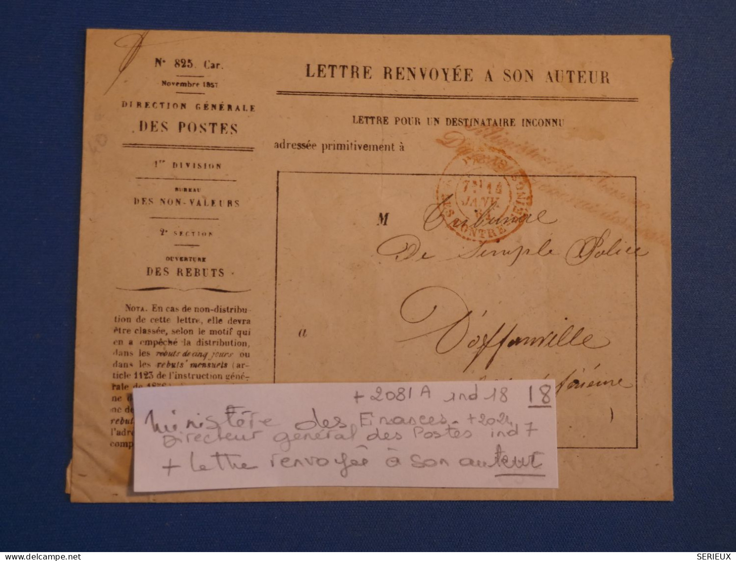 DN12 FRANCE  LETTRE RR 1861 MINISTERES FINANCES   RENVOI DE LETTRE  DOFFONVILLE    +AFF. INTERESSANT++ - 1849-1876: Periodo Clásico