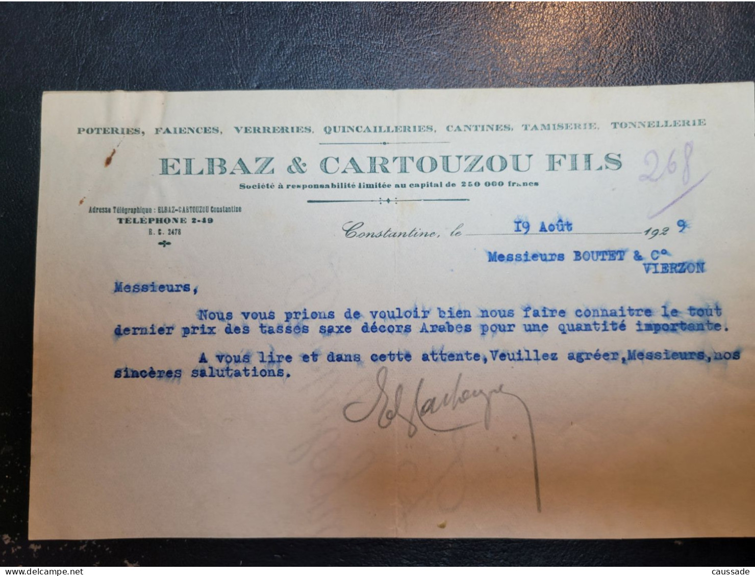 CONSTANTINE - ELBAZ & CARTOUZOU FILS - Poteries, Faïances, Verreries... - 1929 - Constantine
