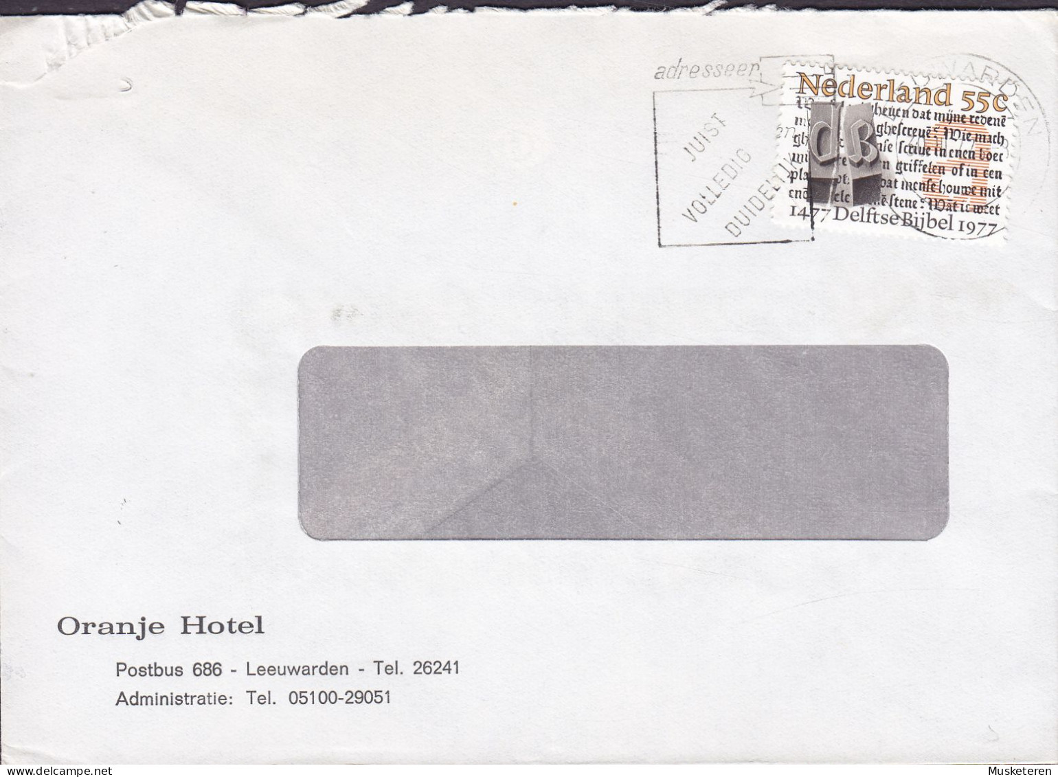 Netherlands ORANJE HOTEL Slogan Flamme LEEUWARDEN 1977 Cover Brief Lettre Delfste Bijbel Bible Stamp - Brieven En Documenten