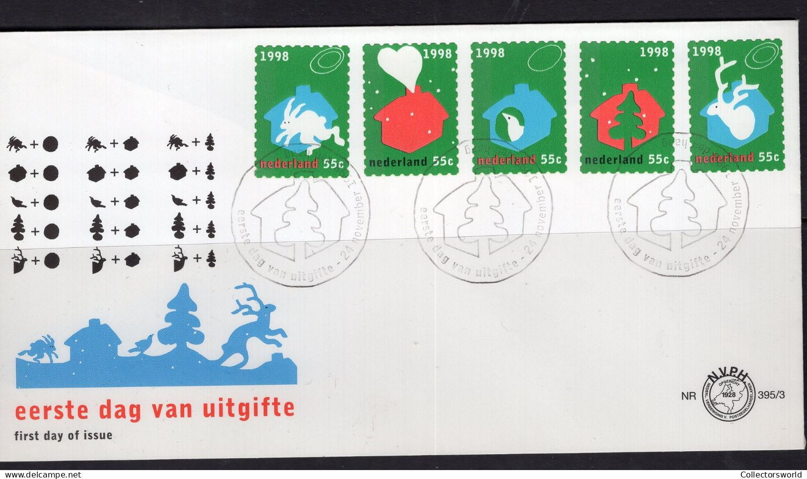 Netherlands FDC 1998 / 395/3 Christmas Weihnachten Navidad Hare Bird Rendeer Tree - FDC