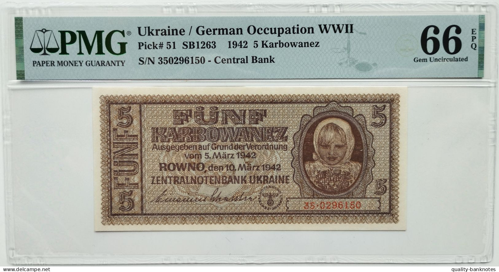 •Q-B• UKRAINE 5 KARBOWANEZ 1942 • P 51 • PMG 66 GEM UNC - Ukraine