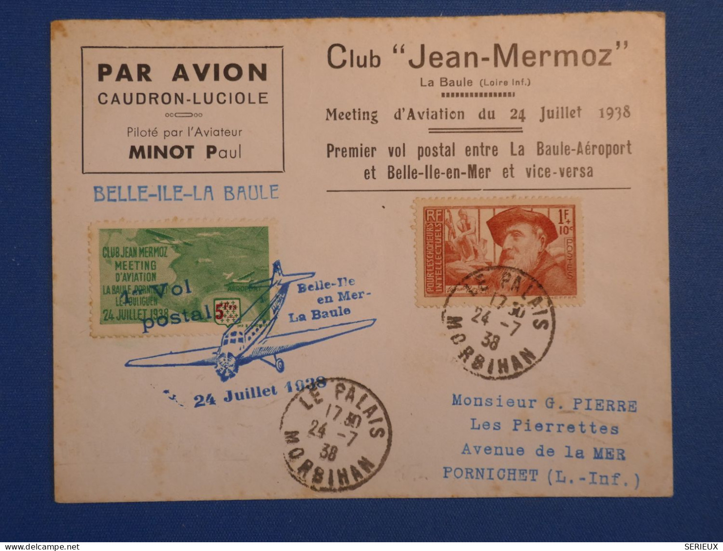 DN12 FRANCE  LETTRE 1ER VOL 1938 BELLE ILE  A LA BAULE  +VIGNETTE MERMOZ +AFF. INTERESSANT++ - Erst- U. Sonderflugbriefe