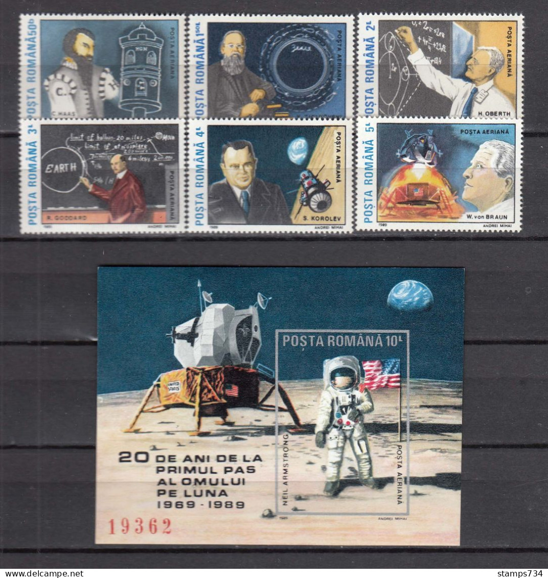 Romania 1989 - Space, Mi-Nr. 4575/80+Block 257, MNH** - Unused Stamps