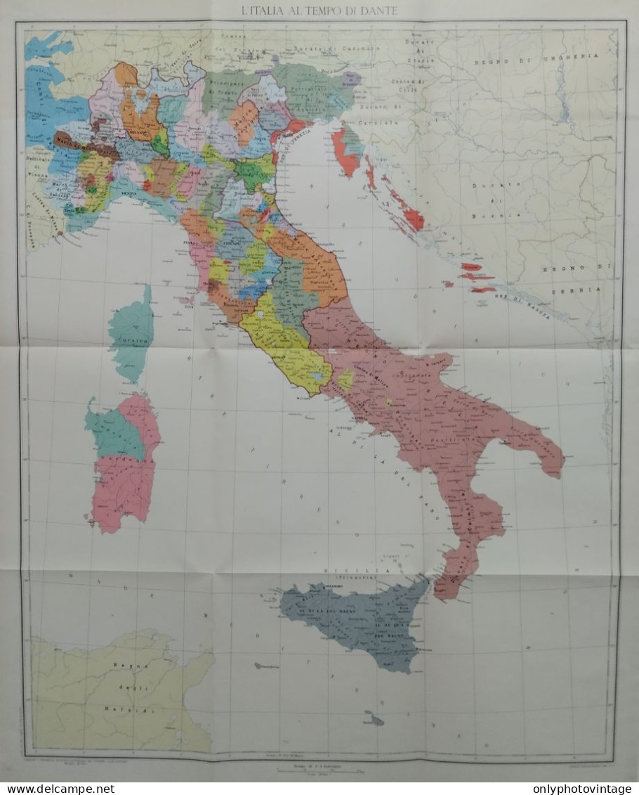 Italia Al Tempo Di Dante, Mappa Epoca, Vintage Map, 54 X 43,5 Cm. - Carte Geographique