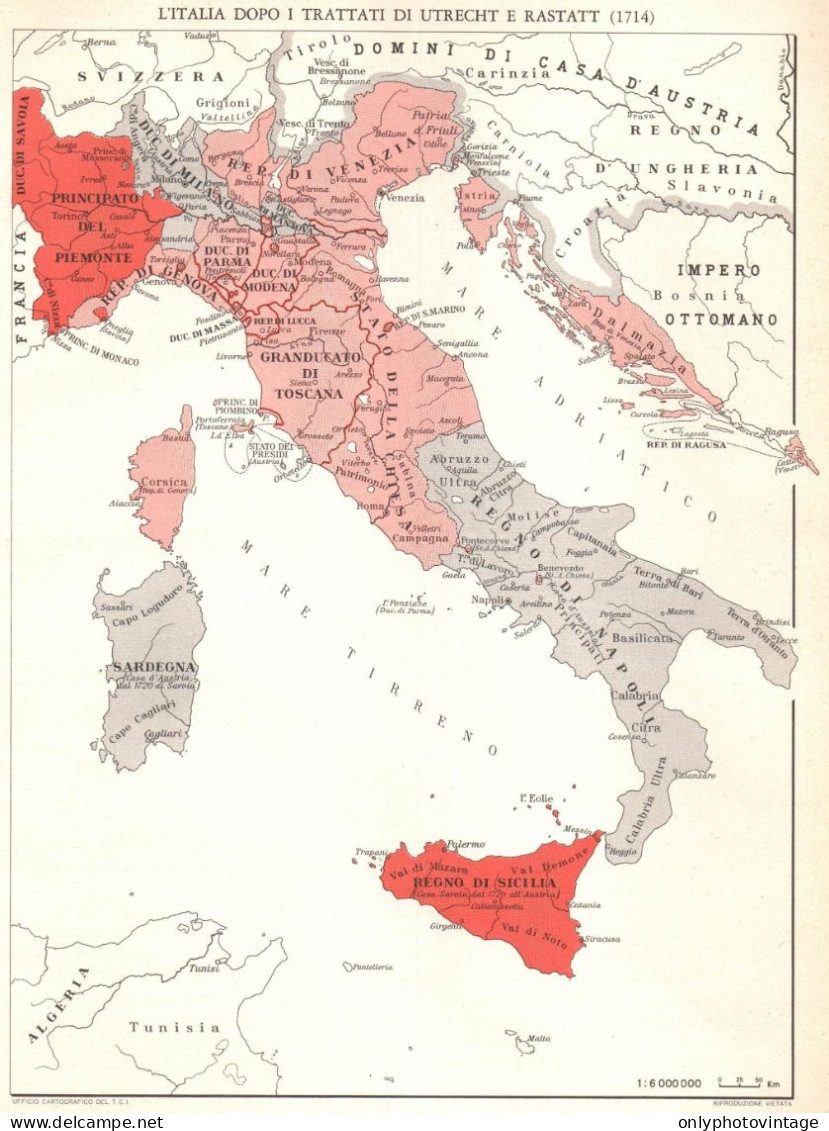 Italia Dopo Trattati Di Utrcht E Rastatt, Mappa Geografica, Vintage Map - Carte Geographique