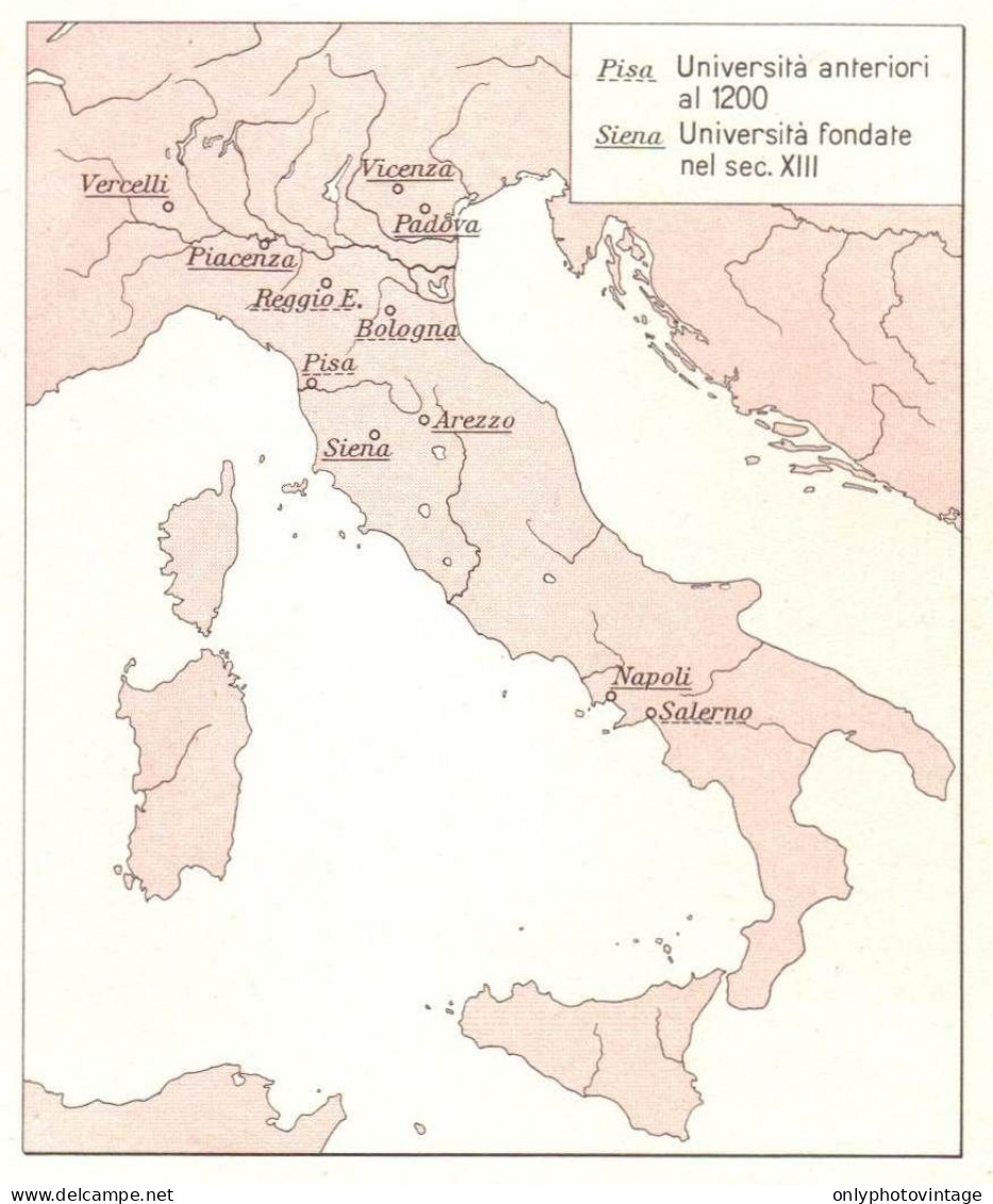 Italia, Le Università Nel Secolo XIII, Mappa Epoca, Vintage Map - Carte Geographique